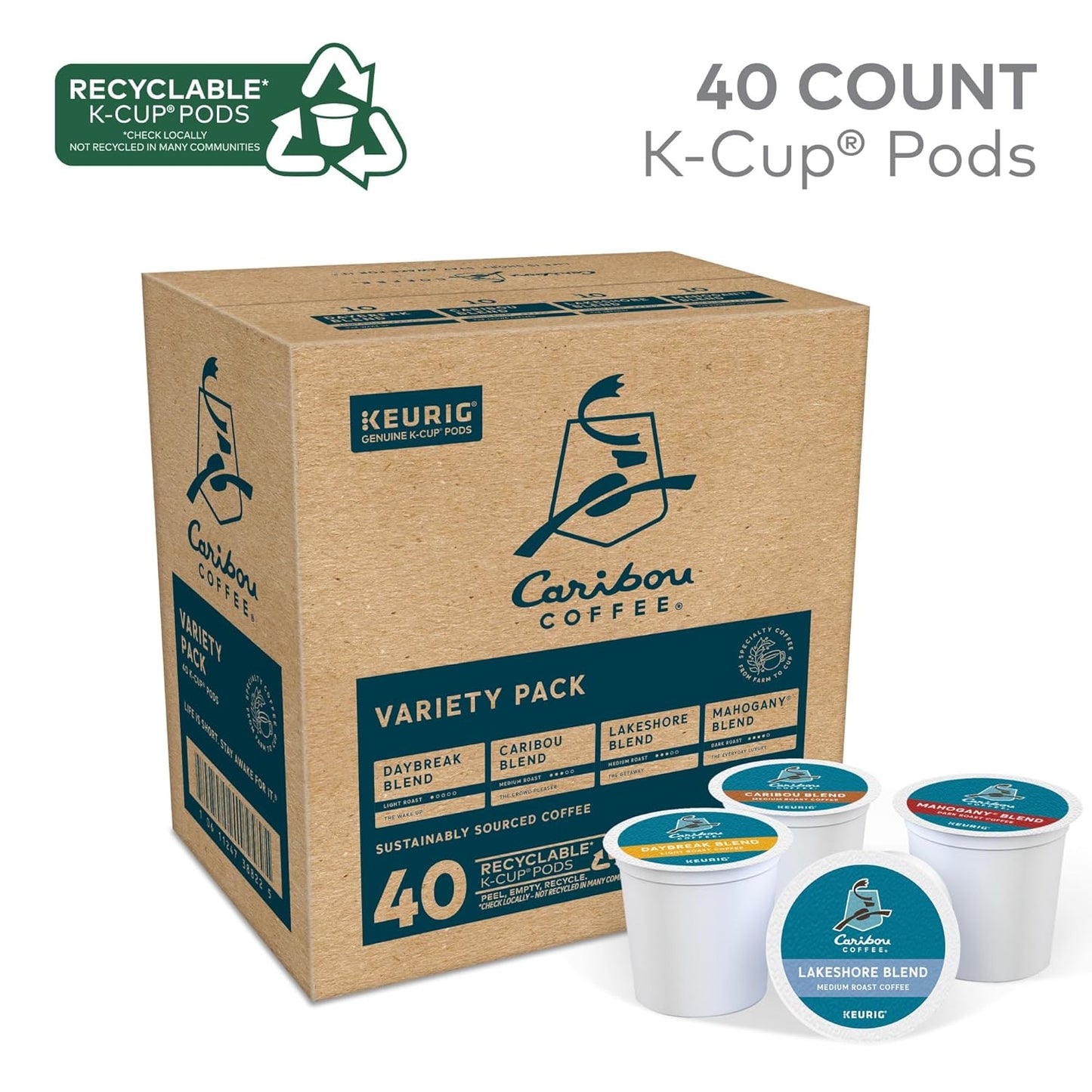 Caribou Coffee Single Serve Keurig K-Cup Pod Variety Pack, Light, Medium, and Dark Roast Coffees, 40-Count Box(Pack of 1)