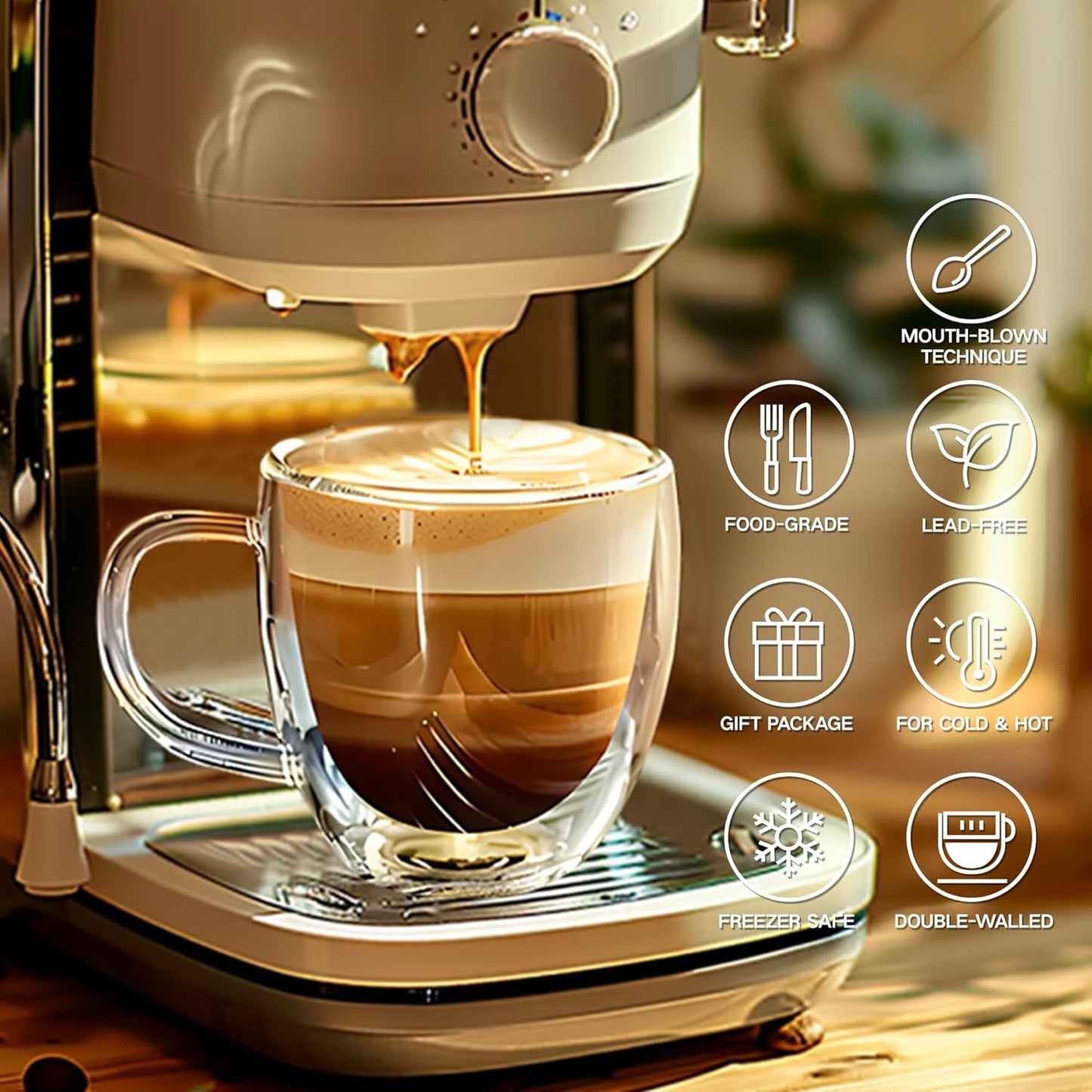 Set of 4 Double Walled Glass Coffee Mugs 6 Ounces Insulated Layer Coffee Cups with Handle Borosilicate Glass Espresso Cup for Hot Beverage,Cappuccino,Tea,Latte,Wine,Microwave Safe