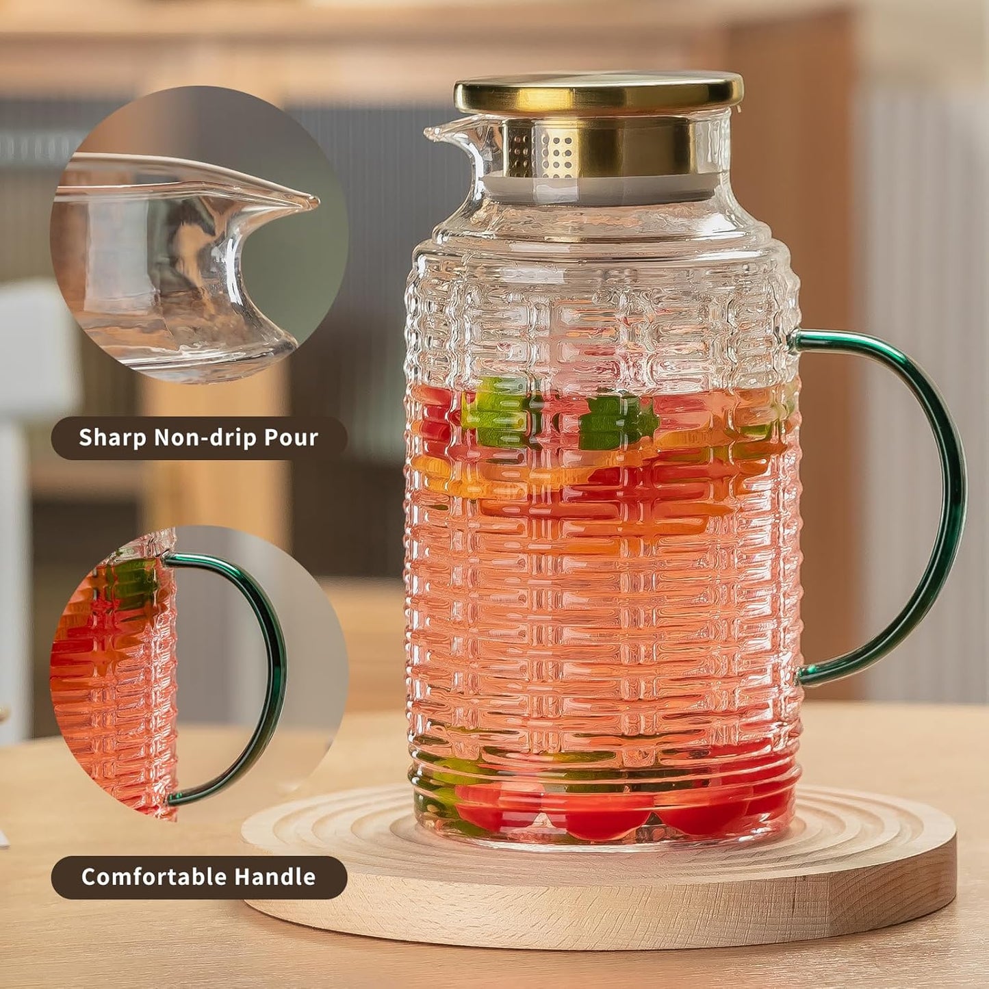 Glass Pitcher with Lid, 2 PACK 84 oz/2.5 Liter Vintage Water Pitcher, Clear Borosilicate Glass Water Carafe for Cold Brew, Coffee, Lemonade, Iced Tea,Beverage, Heat Resistant Water Glass Jug