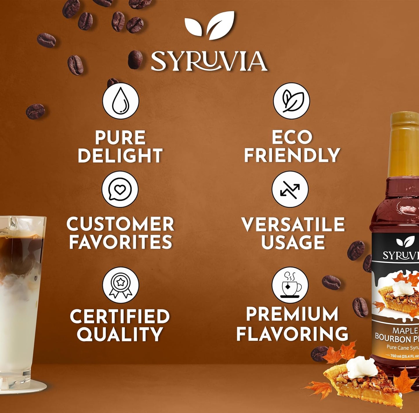 Syruvia Maple Bourbon Pecan Coffee Syrup - 25.4 fl oz - Kosher, Perfect for Drinks, Soda, Desserts, and More, Gluten Free