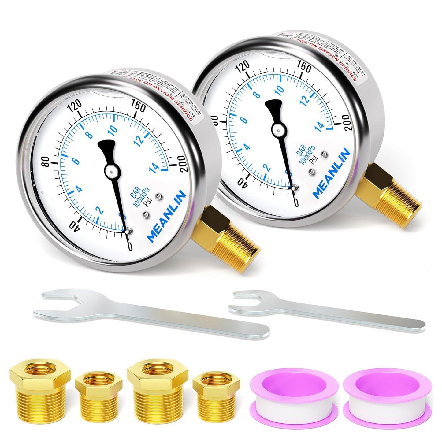 MEANLIN MEASURE 0~200Psi Stainless Steel 1/4" NPT 2.5" FACE DIAL Liquid Filled Pressure Gauge WOG Water Oil Air Lower Mount (Pack of 2), with 1/2" NPT and 3/8" NPT Hex Bushing