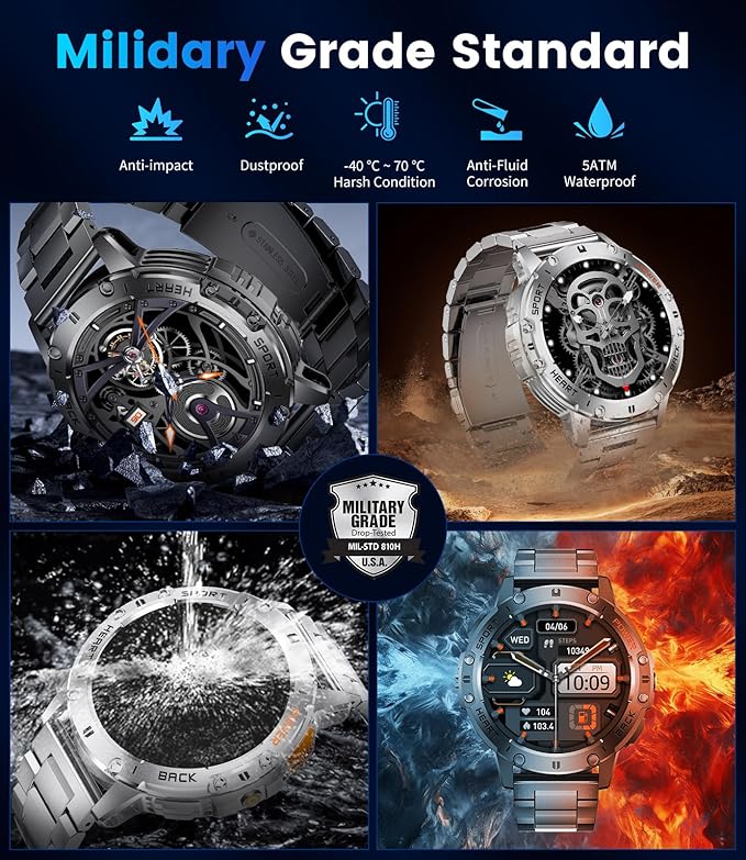 Smart Watches for Men for Android/iPhone(2 Straps),1.43’’ AMOLED Display Sport Watch with 123 Sport Modes/FlashLight,5ATM Waterproof Fitness Tracker with Blood Pressure/Heart Rate/Sleep Monitor,Metal