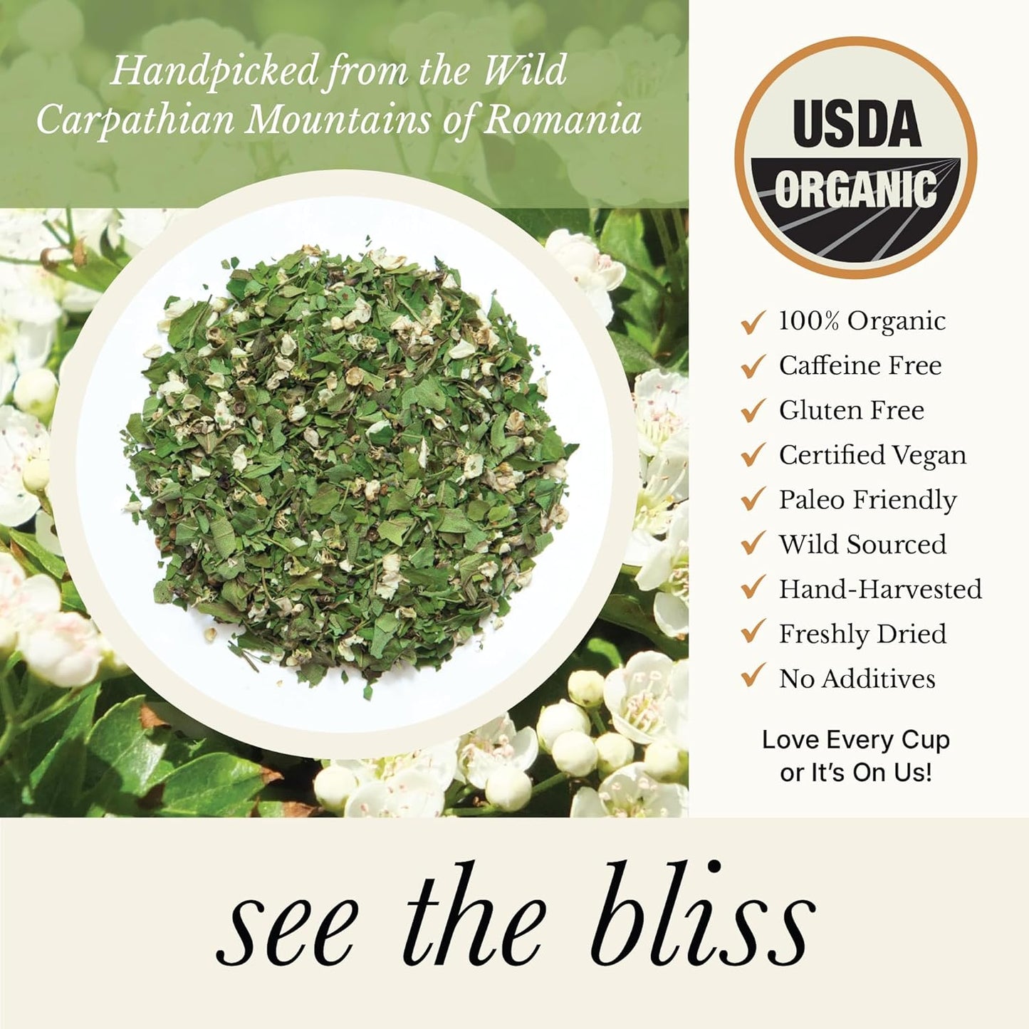 Wild Bliss Organic Hawthorn Loose Leaf and Flower Tea - Caffeine Free Heart Health Herbal Support - 1.76 Oz - 25 Servings