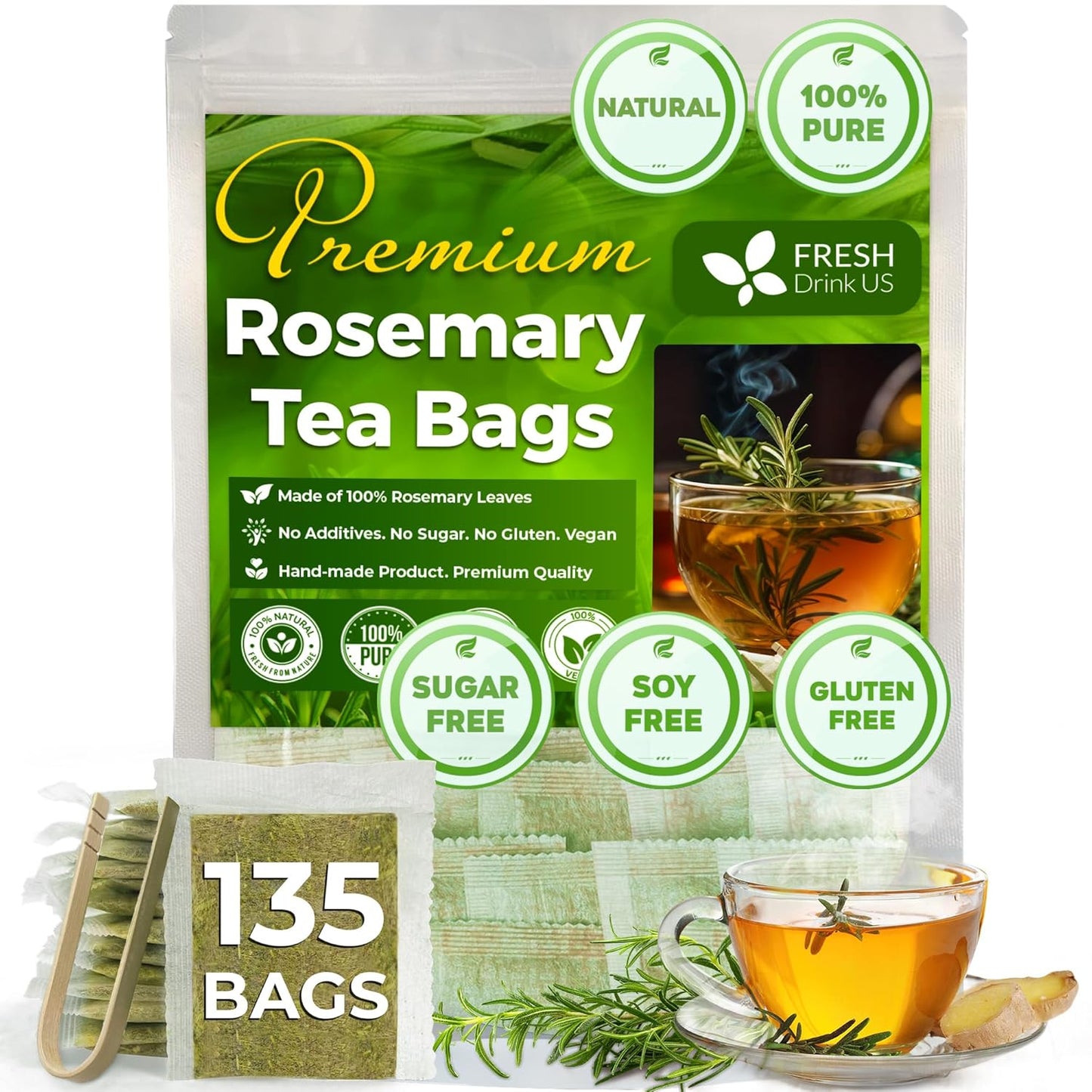 FreshDrinkUS, Premium 135 Rosemary Leaf Tea Bags, 100% Natural and Pure Rosemary Dried Leaves, Pure Rosemary Herbal Tea, No Additives, No Caffeine, No Gluten, Vegan. (135 Tea Bags)