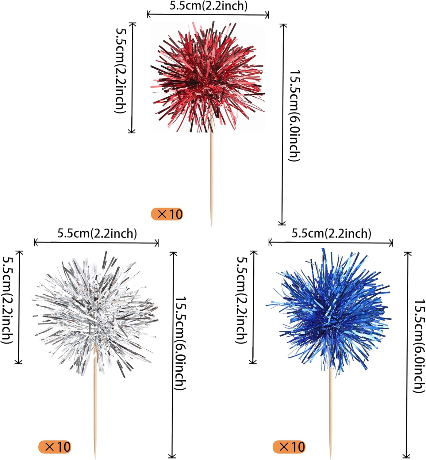 30 PCS Foil Firework Cupcake Toppers Sparkle Tinsel Cupcakae Picks 4th of July Decorations Cocktail Fruit Toothpick for Fireworks Theme Birthday Wedding Graduation Party Decor Supplies Blue Red Silver