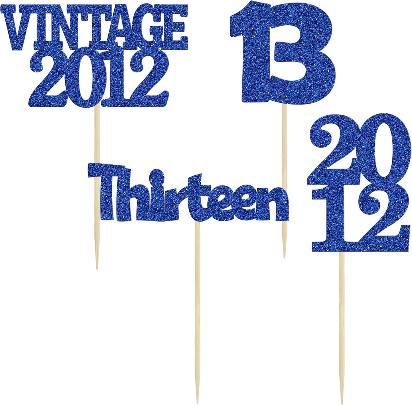 Gyufise 24Pcs 13th Birthday Cupcake Toppers Glitter Thirteen Vintage 2012 Official Teenager 13 Cupcake Picks Birthday Cake Decorations for Happy 13th Anniversary Party Supplies Deep Blue