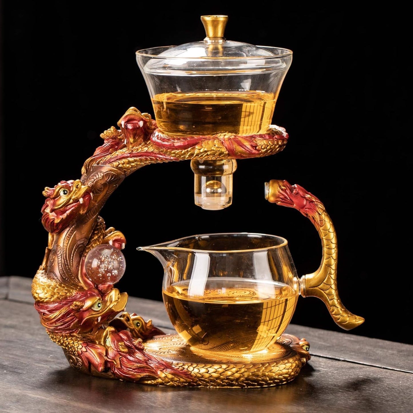 Glass Teapot Set with Infuser Semi Automatic Dragon Tea Set (Red golden teapot)