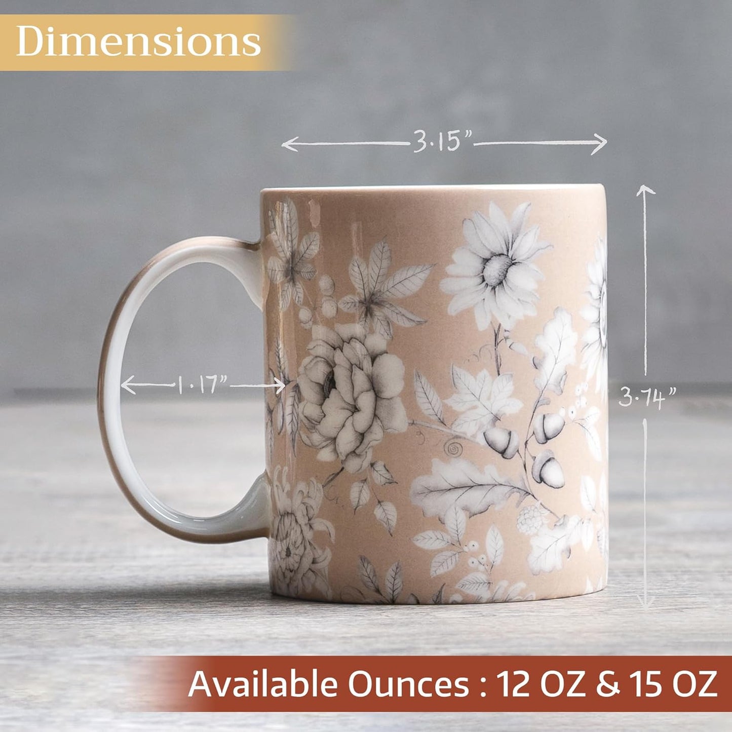 Maison d' Hermine Coffee Mug with Handles Fine Bone China Mugs Pack of One Tea Cups for Hot Beverages Cappuccino Latte Home Restaurant Office Perfect for Gift (Pretty Autumn - Mono Autumn, 12 Ounce)