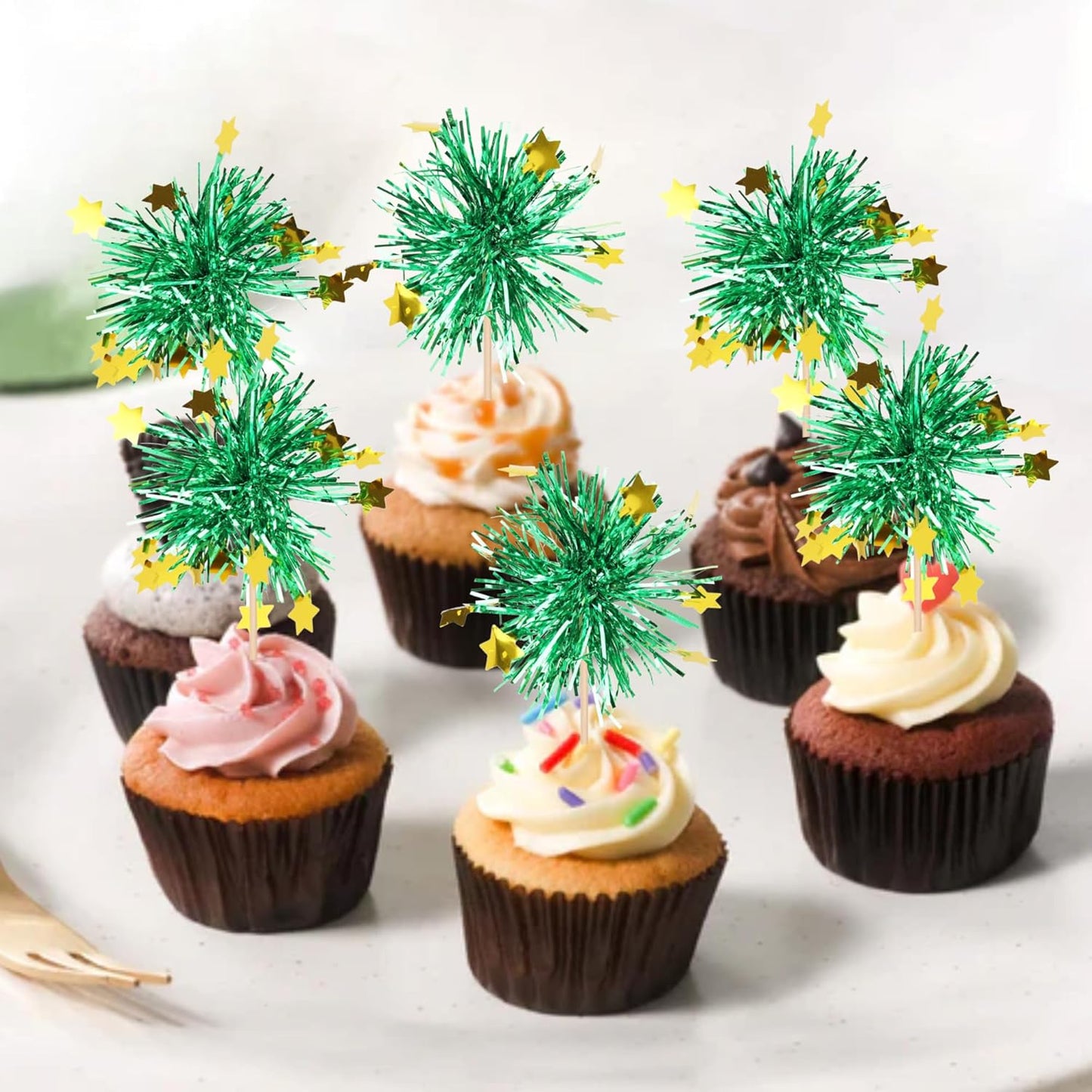 30 PCS Foil Firework Cupcake Toppers Happy Birthday Star Cupcake Picks Sparkle Tinsel Drink Stirrers Cocktail Fruit Toothpicks for Valentine's Day Wedding Birthday Party Decorations Supplies Green