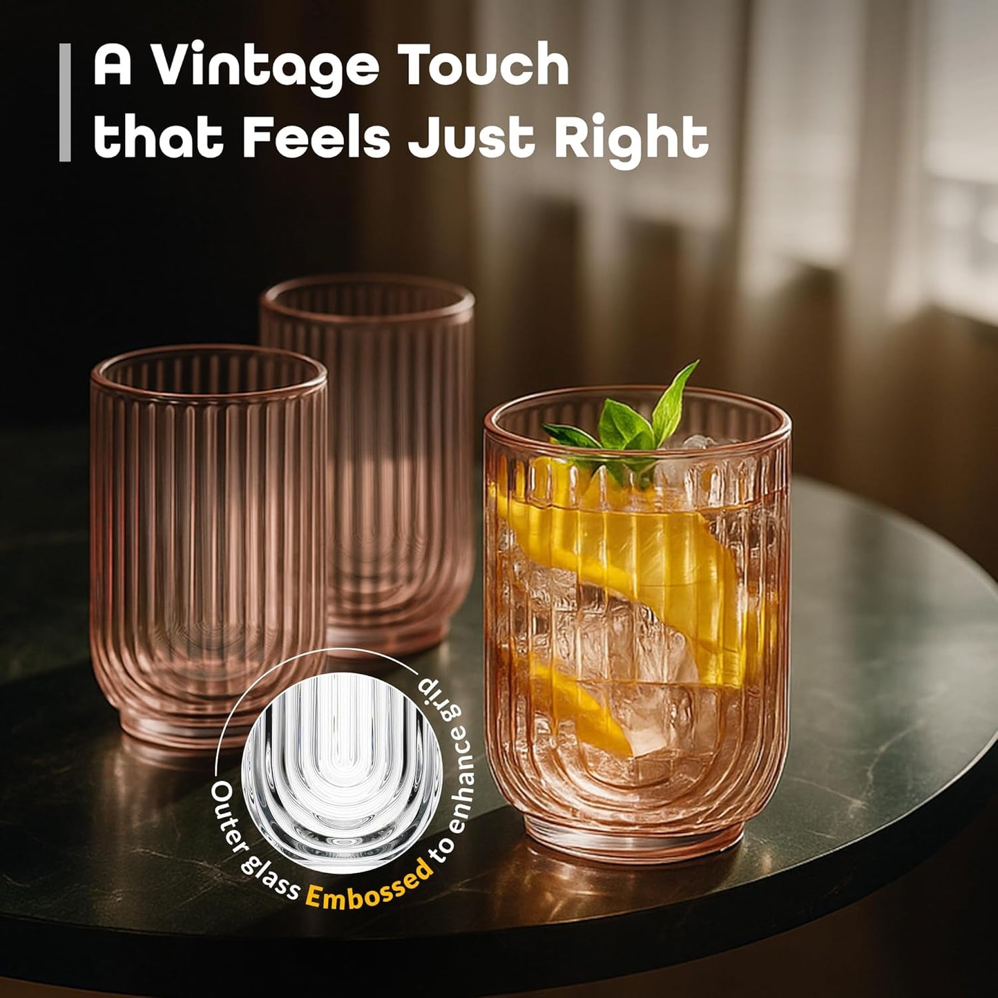 Glaver's Vintage Glassware Art Deco Highball Glasses Set of 4 Blush Ribbed Drinking Glasses 17 Oz U-Shape Arch Design Colored Cocktail Kitchen Tumblers Everyday Dinner Decorative Party, Pink