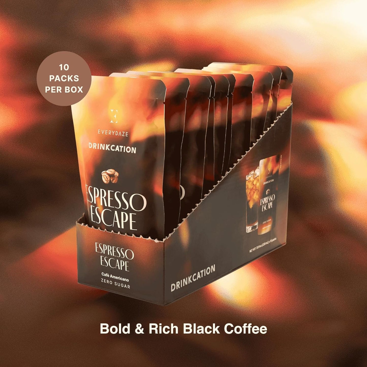 EVERYDAZE Drinkcation Zero Sugar Espresso Escape, Ready to Drink Liquid Coffee | Korean Convenience Store Drink | Medium Roast, Unsweetened, 7.8 fl oz Pouches x (10 Pack), Colombian Bean, Low Calorie