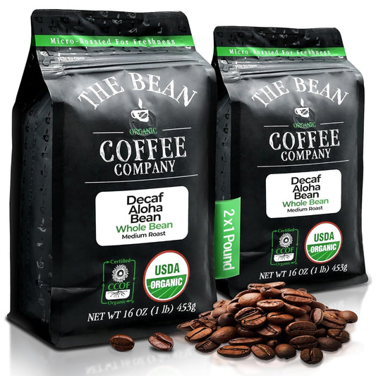 The Bean Coffee Company Organic Coffee Water Processed DECAF Aloha Bean Hawaiian Hazelnut Medium Roast Whole Bean Coffee 16-Ounce (Pack of 2)