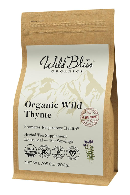 Wild Bliss Organic Wild Breckland Thyme Tea - Caffeine Free Loose Leaf Herbal Tea - Resipratory and Digestion Support - 7.05 Oz - 100 Servings