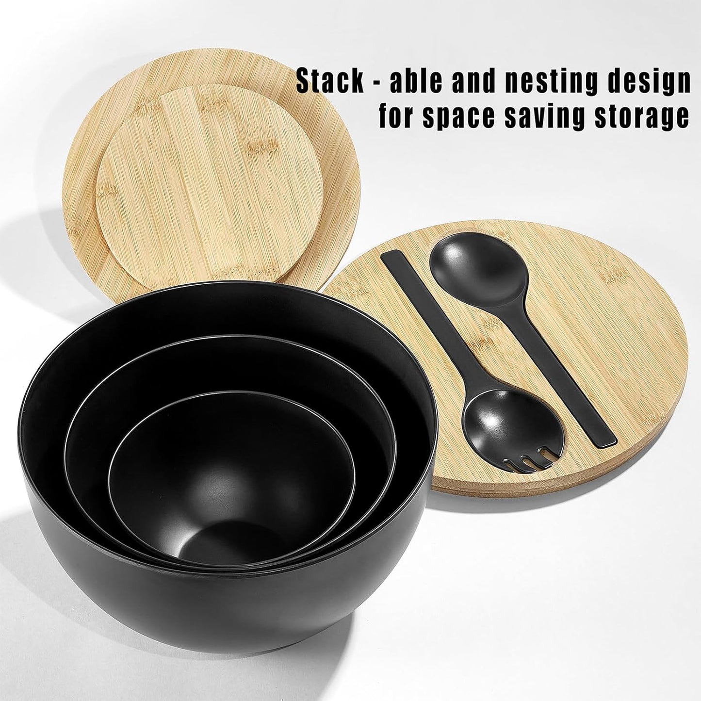 Large Salad Bowls with Bamboo Lids Set of 3, Mixing Nesting Bowls Round Serving Bowls with Servers for Salads, Kitchen Eating, Pastas, Popcorn, Chips, Trifle, Fruit, Food Prepare (Black,10",8",6" )