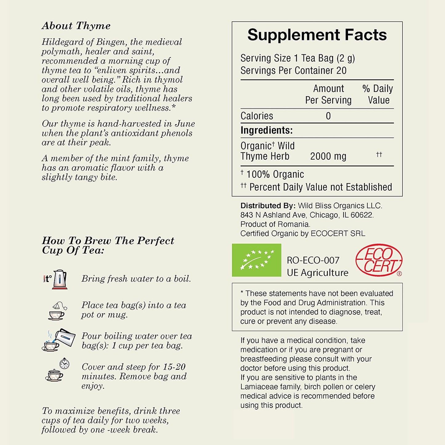 Wild Bliss Organic Wild Thyme Tea - Caffeine Free Respiratory Herbal Support - Pharmacopoeia Potency - 20 Plant Based Tea Bags