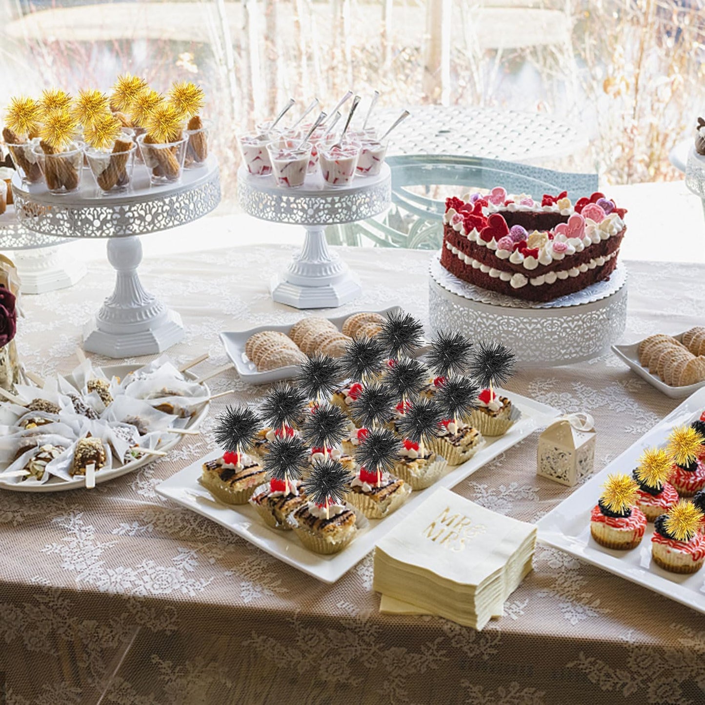 80 Pcs Firework Cupcake Topper Gold Graduation Cake Decorations Foil Frill Toothpicks for Party Decoration, Cake Toppers, Picnics, Bar, Birthday, Holiday (Black, Gold)