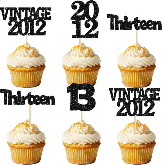 Gyufise 24Pcs 13th Birthday Cupcake Toppers Glitter Thirteen Vintage 2012 Official Teenager 13 Cupcake Picks 13 Years Birthday Cake Decorations for Happy 13th Anniversary Party Supplies Black