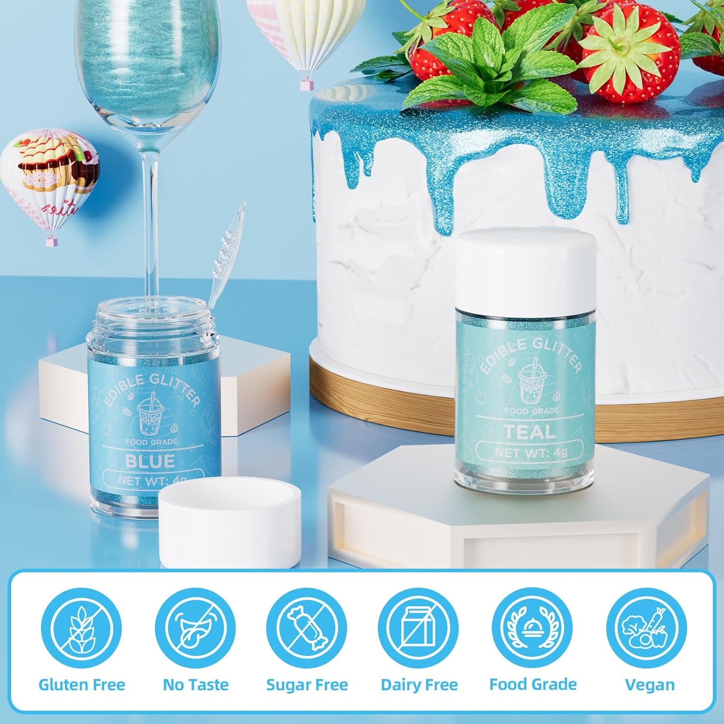 Cherrysea Edible Glitter for Drinks Cocktails Food Grade Edible Drink Shimmer Powder for DIY Champagne Beverages Wine 2 Colors Vegan Edible Luster Dust Set 4g/Bottle Gluten Free - Teal+Blue