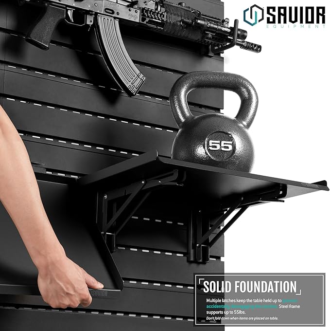 Savior Equipment Wall Rack System Heavy-Duty Steel Folding Table Workbench Shelf Collapsible Wall Mount Hanger, Modular Firearms Gun Wall Gear Accessories Organizer