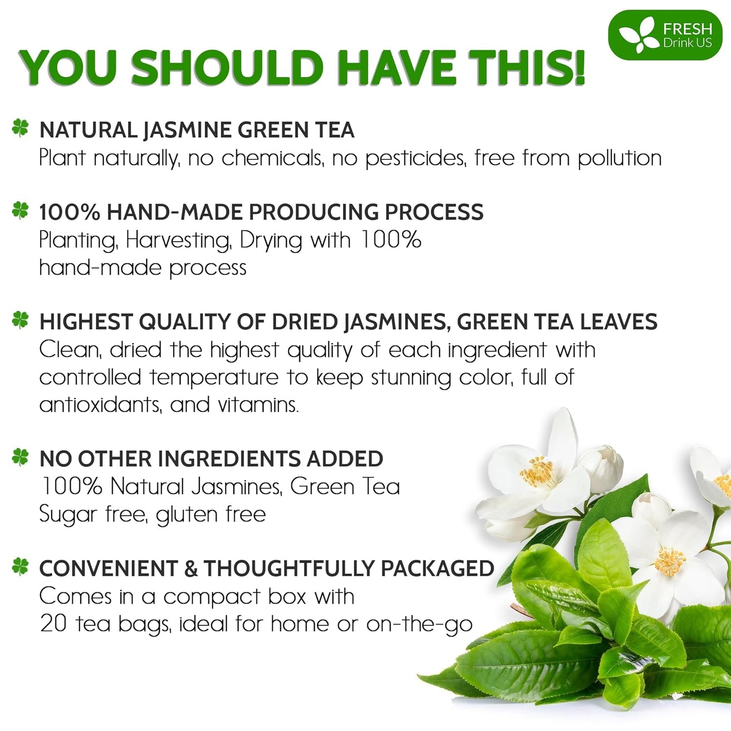 FreshDrinkUS, Premium 20 Tea Bags of Jasmine Green Tea, 100% Natural. Exquisite Flavor, Handpicked Leaves, Perfect for Tea Lovers. No Sugar, No Gluten, Vegan.