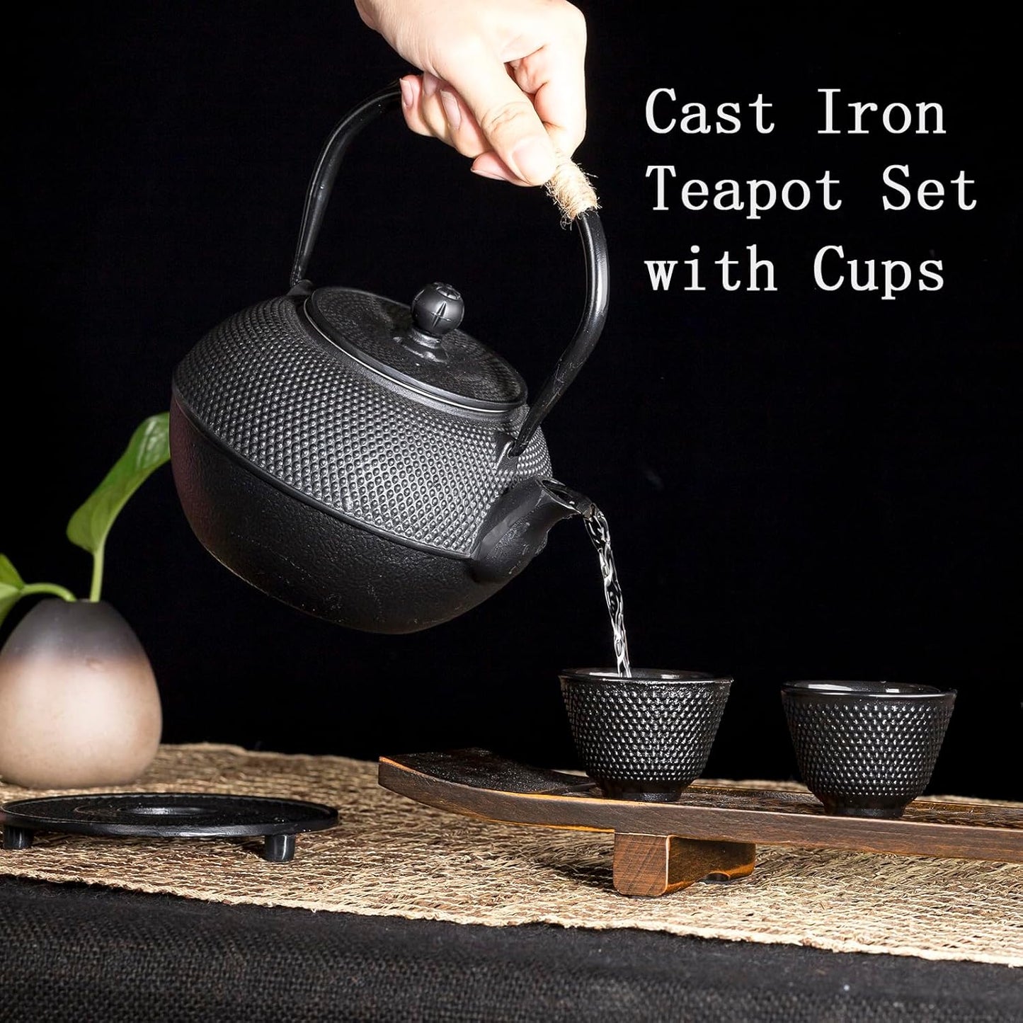 YJX Cast Iron Tea Pot Set, Japanese Tetsubin, 40.6oz Tea Kettle for Stovetop, Black Teapot with Stainless Steel Infuser for Loose Leaf Tea, 1200ml Small Asian Tea Set with Teacups