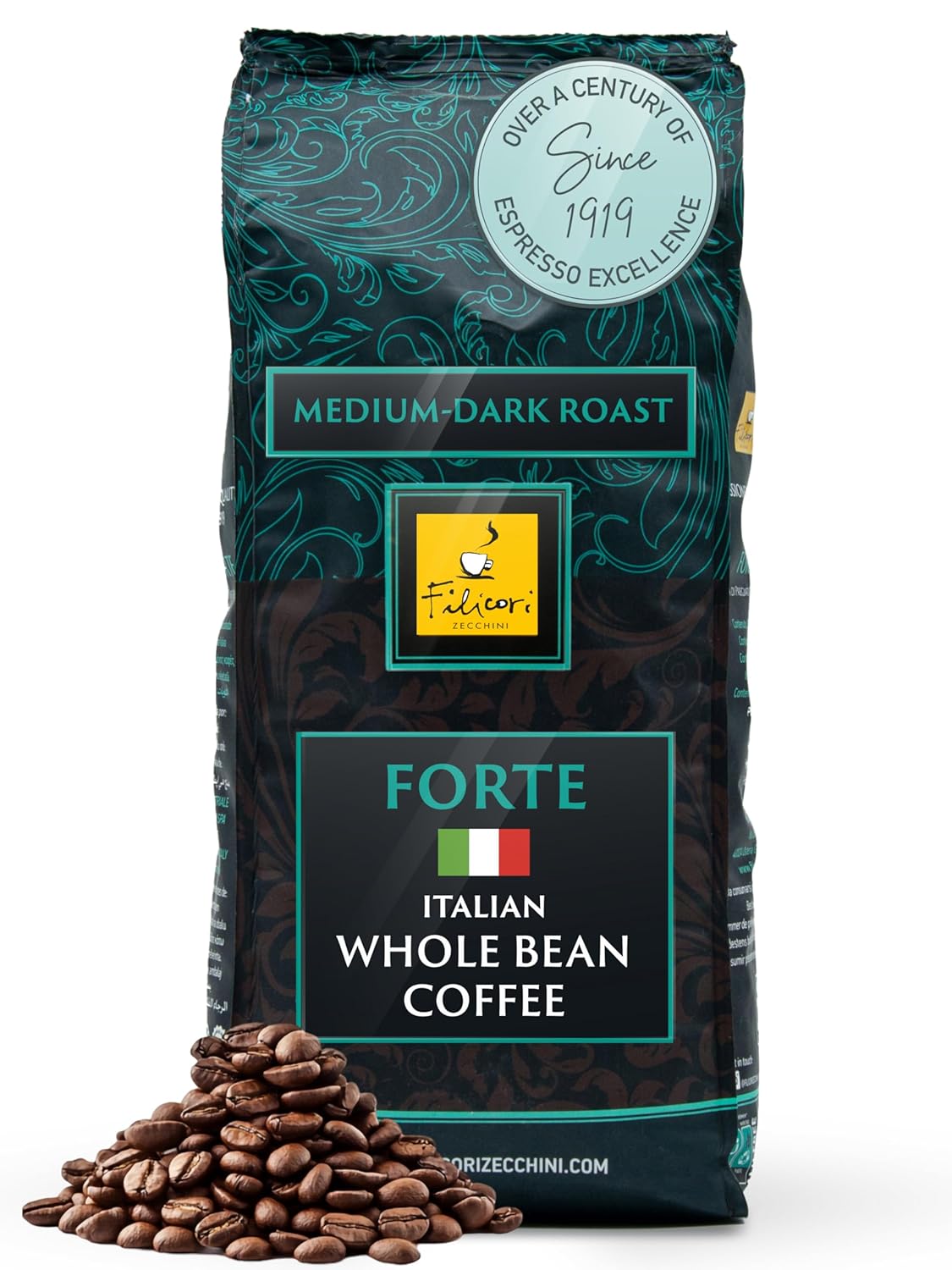 Filicori Zecchini Italian Espresso Beans – Whole Bean Coffee, Bold Dark Roast Arabica & Robusta Blend Roasted in Bologna – Slow Roasted Forte 340g