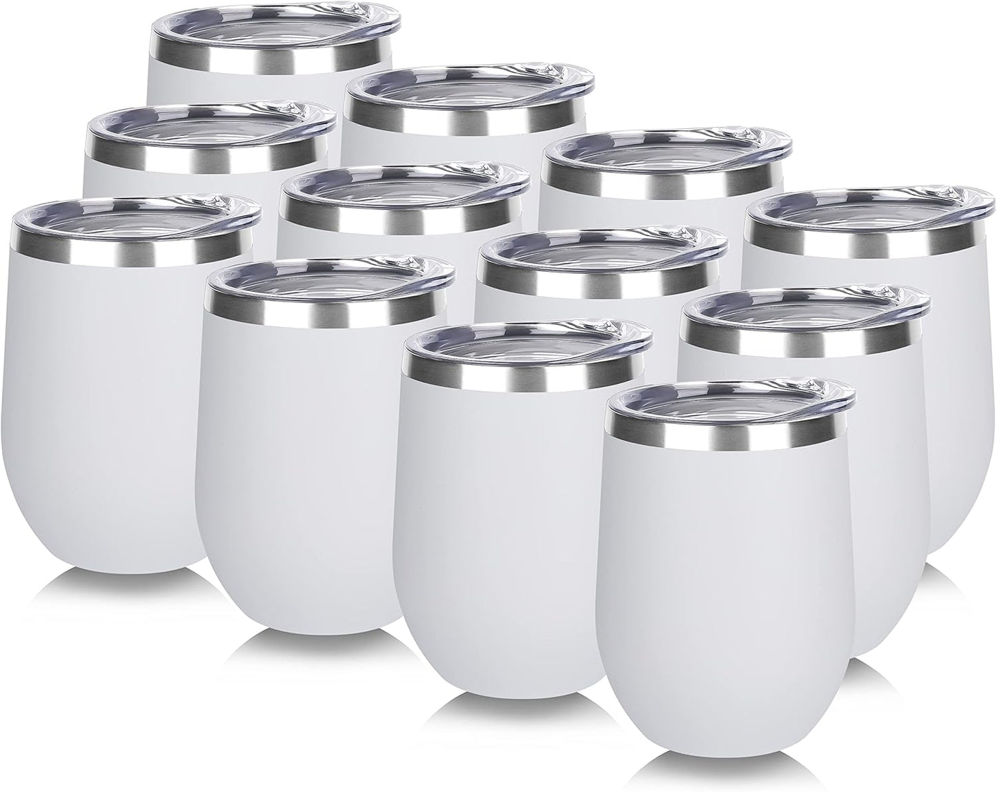 DOMICARE Stainless Steel Wine Tumbler Bulk with Lid, Personalized White Insulated Tumblers Set, 12oz Travel Coffee Cups Pack of 12