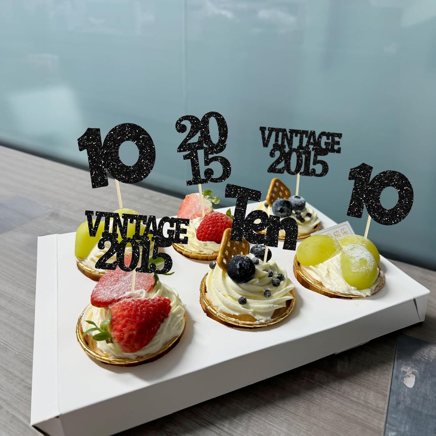 Gyufise 24Pcs 10th Birthday Cupcake Toppers Glitter Ten Vintage 2015 Double Digits 10 Cupcake Picks Hello 10 Years Birthday Cake Decorations for Happy 10th Anniversary Party Supplies Black