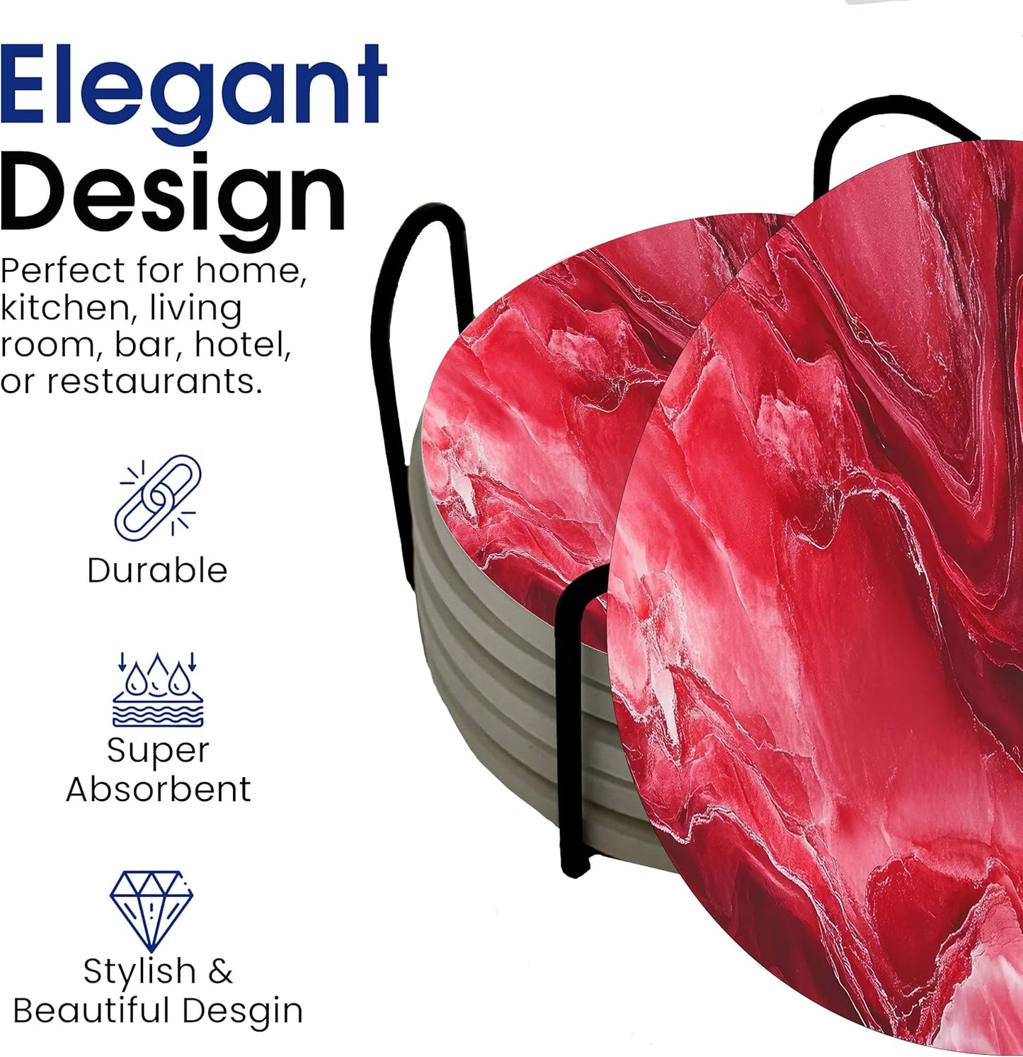 Dark Red Agate Marble Round Coasters Set of 6 - Abosrbent Ceramic Coasters with Metal Stand for Drinks, Coffee, Non-Slip Cork Back for Tabletop Protection, 4 Inches Marbled Pattern (Marble)