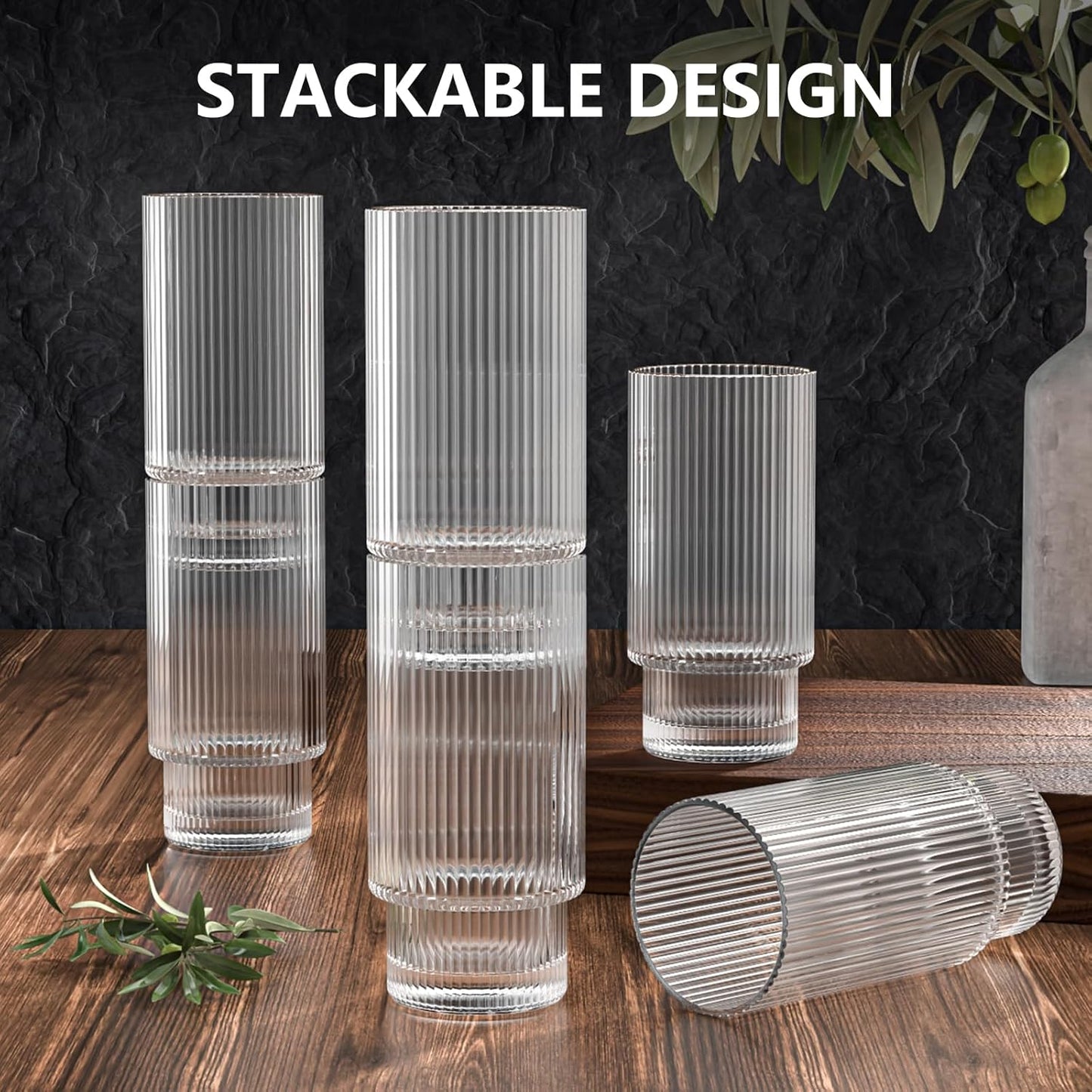 16OZ Ribbed Glass Cups with Lids and Straws 4 Set, Vintage Glassware for Whiskey Cocktail Beer, Iced Coffee Cups with Lid, Glass Tumbler with Straw and Lid (4 PACK)