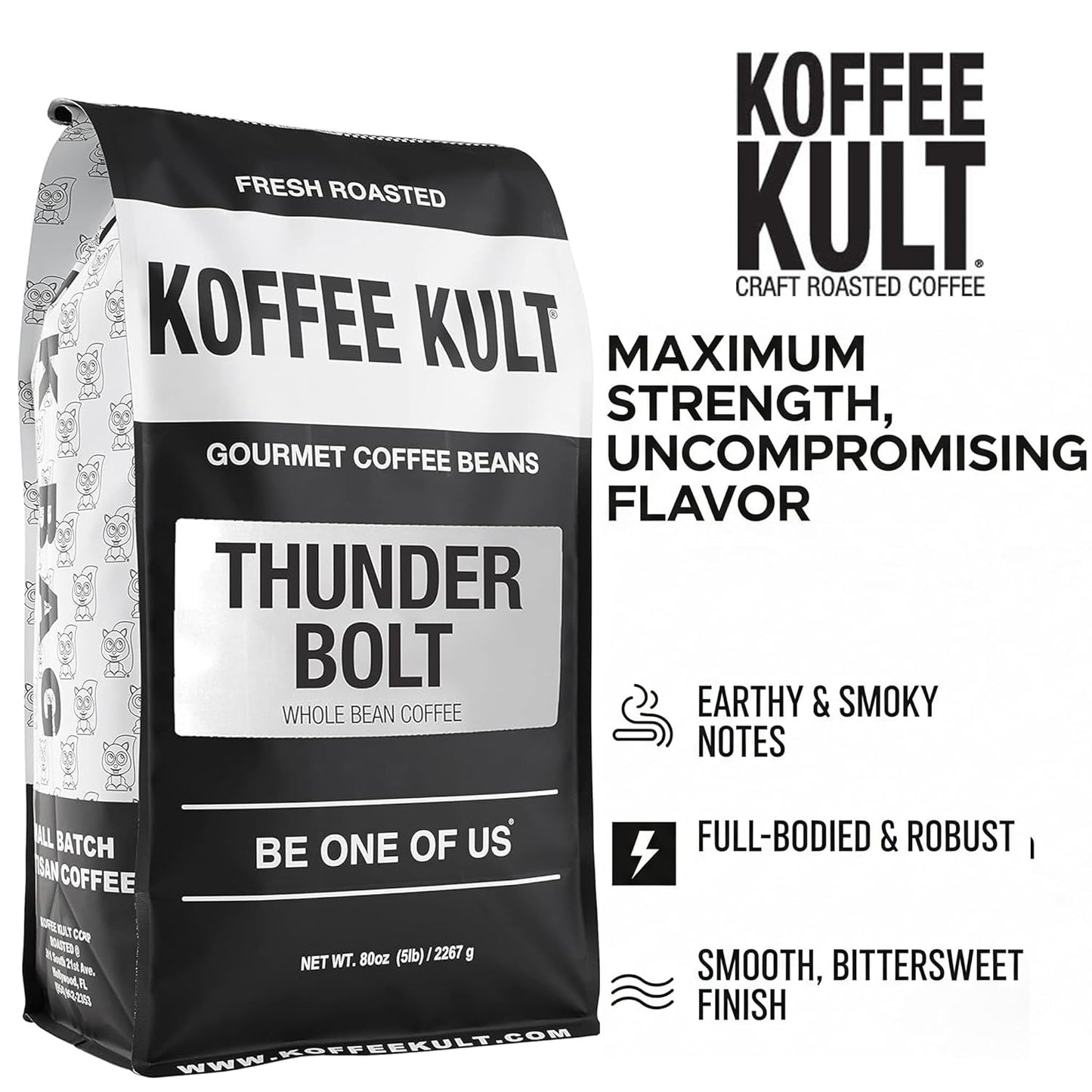 Koffee Kult Thunder Bolt Dark French Roast Whole Bean Coffee - Small Batch 100% Arabica Gourmet Blend, Bold and Well Balanced, 80oz Resealable Package