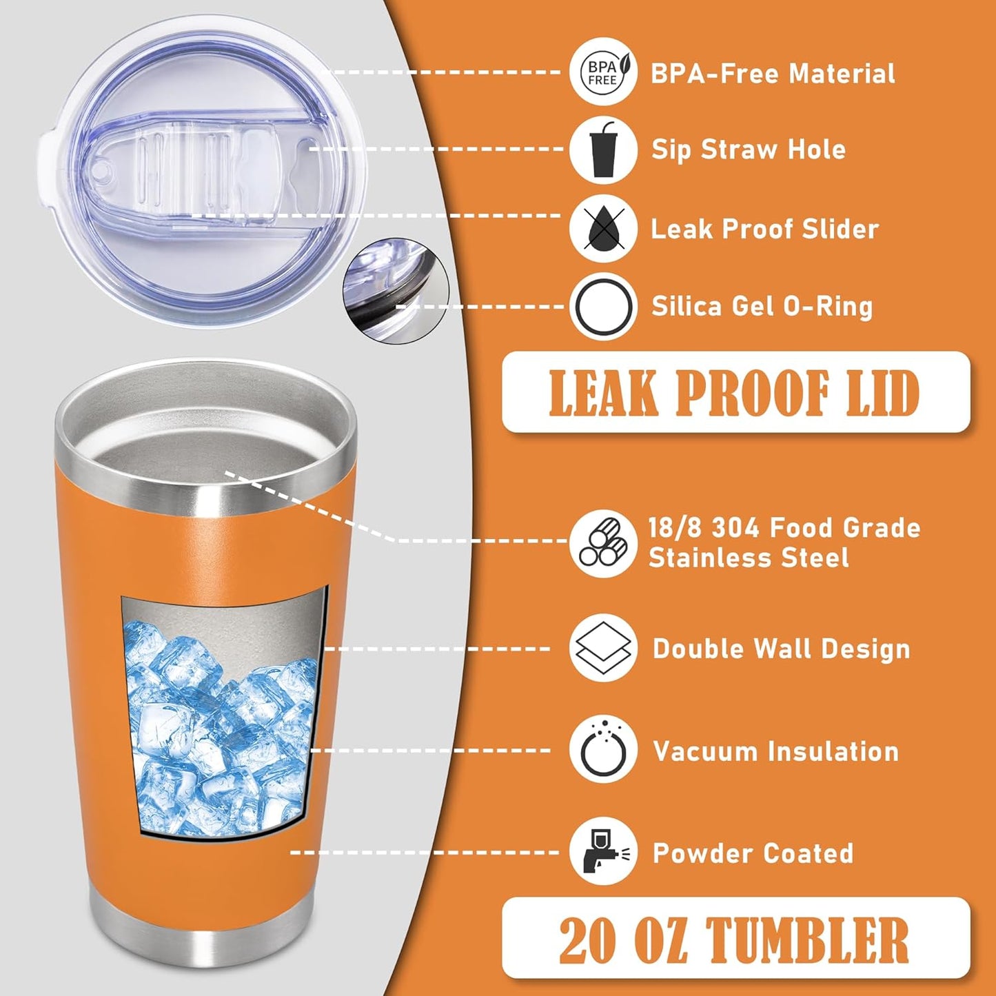 20 oz Tumbler Coffee Tavel Tumblers Bulk with Lid Stainless Steel Double Wall Vacuum Insulated Mug Powder Coated Cups fit Car Cupholder for Hot and Cold - Orange, 12Pack