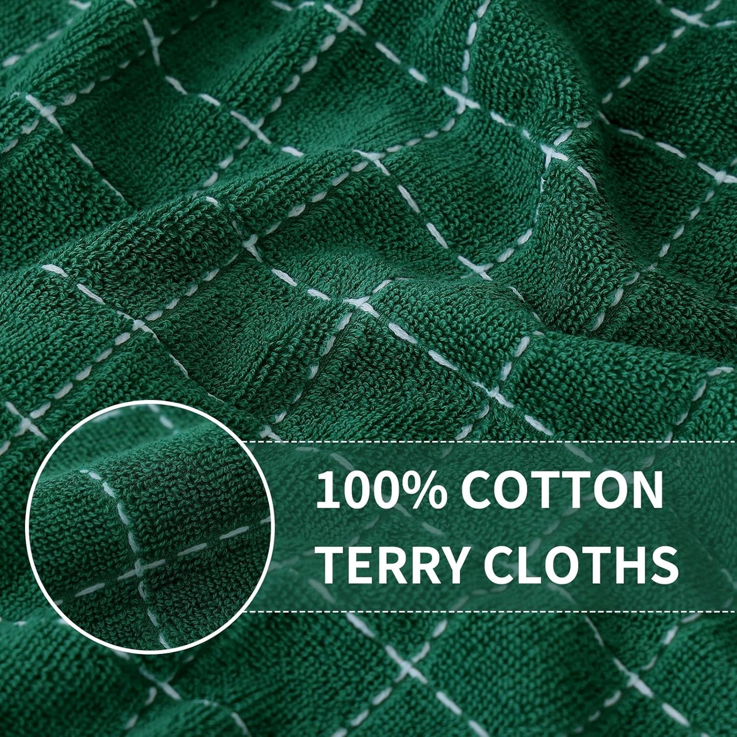 Homaxy 100% Cotton Terry Kitchen Towels(Dark Green, 13 x 28 inches), Checkered Designed, Soft and Super Absorbent Dish Towels, 8 Pack