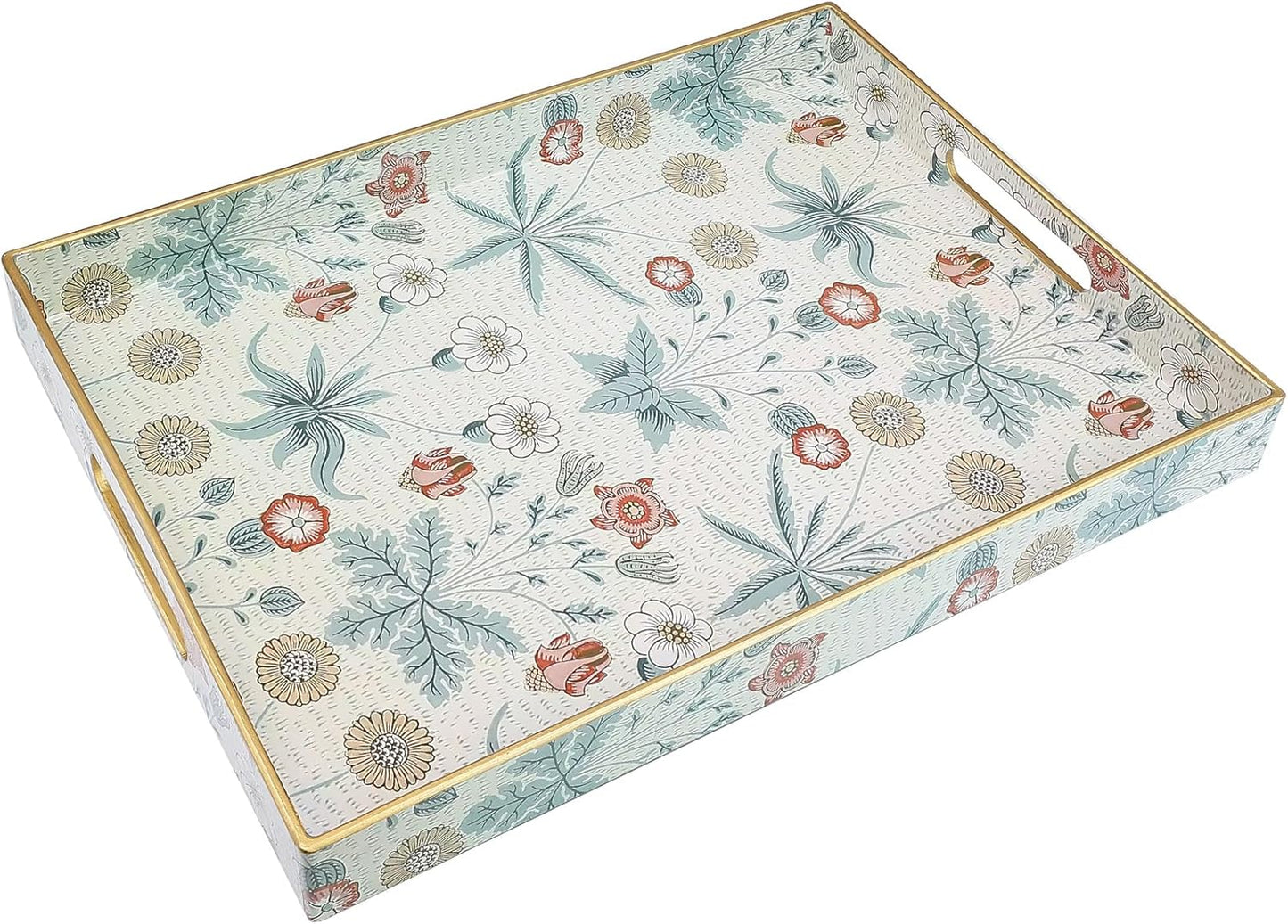 Rectangle Serving Tray with Handles, Coffee Table Tray for Ottoman, Living Room, Outdoor Tray for Patio Entertaining, Serving Breakfast Kitchen Platter, Daisy