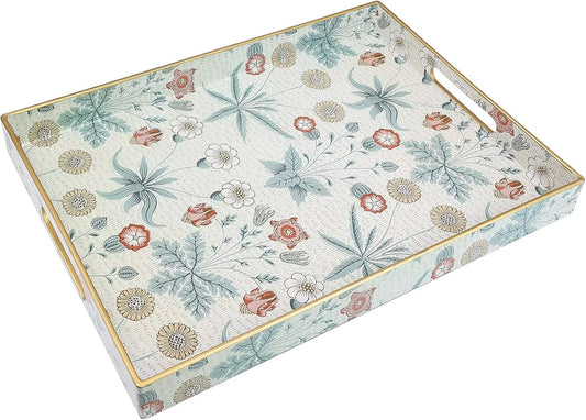 Rectangle Serving Tray with Handles, Coffee Table Tray for Ottoman, Living Room, Outdoor Tray for Patio Entertaining, Serving Breakfast Kitchen Platter, Daisy