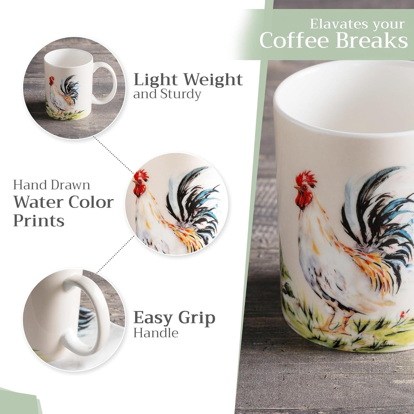 Maison d' Hermine Coffee Mug with Handles Fine Bone China Mugs Pack of One Tea Cups for Hot Beverages Cappuccino Latte Home Restaurant Office Perfect for Gift (Campagne - Coq, 12 Ounce)