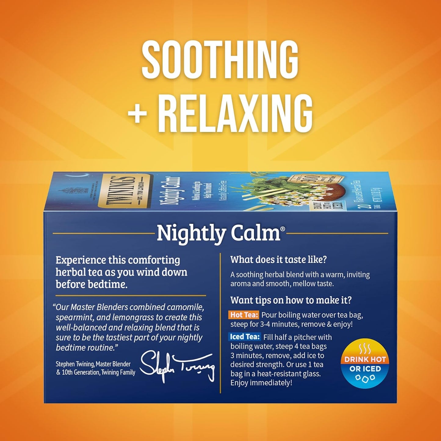 Twinings Nightly Calm Herbal Tea Individually Wrapped Bags, 20 Count (Pack of 1), Spearmint & Lemongrass, Naturally Caffeine-Free, Enjoy Hot or Iced, 20 Teabags