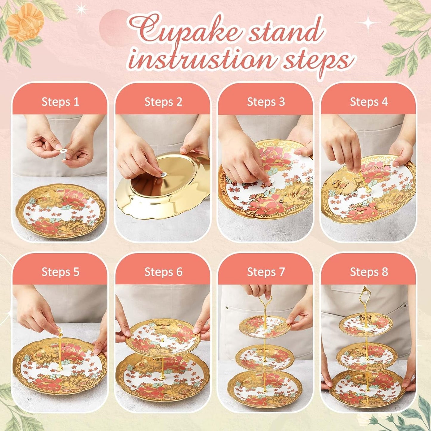 Maxcheck 21 Pcs Tea Party Set for Adults European Floral Tea Set with Metal Holder and 3 Tier Ceramic Cake Stand Porcelain Flower Cup Teapot for Dessert Cupcake(Vintage Style)