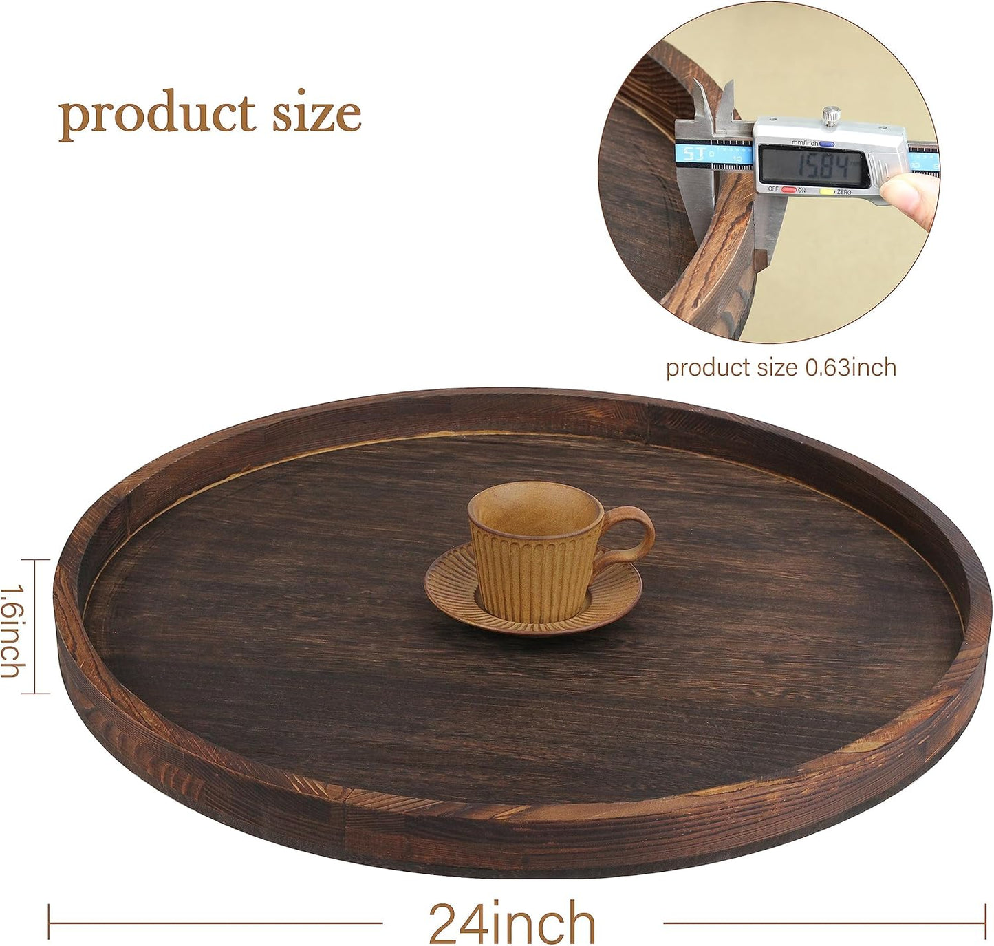 Extra Large Round Ottoman Table Tray Round-24 - Rustic Wooden Serving Tray for Farmhouse Decorative Oversized Coffee Table Trays Living Room Kitchen Counter Breakfast Brown