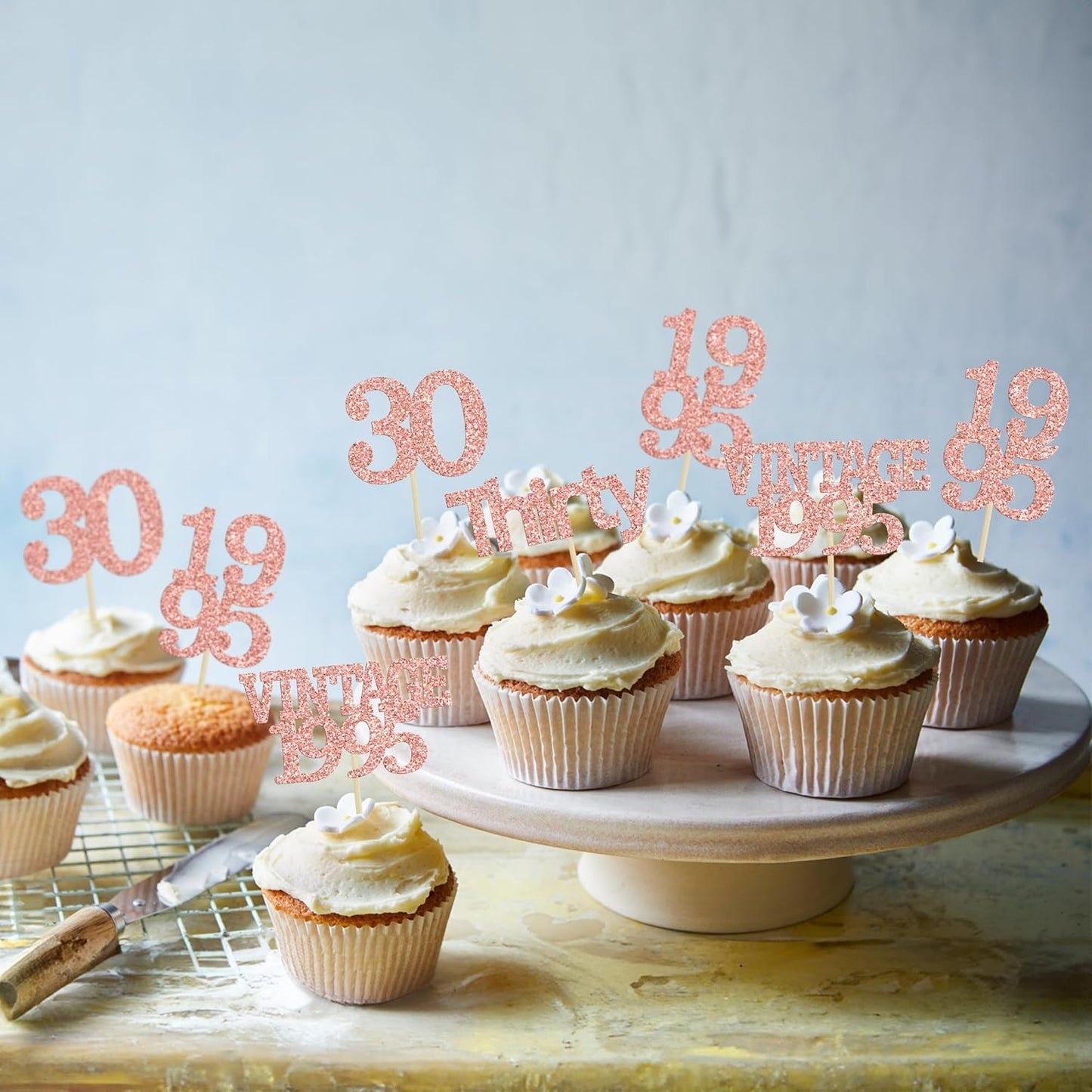 Gyufise 24Pcs Happy 30th Birthday Cupcake Toppers Glitter Thirty 30 Fabulous Vintage 1995 Cupcake Picks for 30th Birthday Wedding Anniversary Party Cake Decorations Supplies Rose Gold