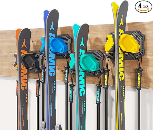 Ski & Snowboard Wall Rack for Garage - Fits Any Ski/board, Damage-Free Storage, Multi-color 4pck