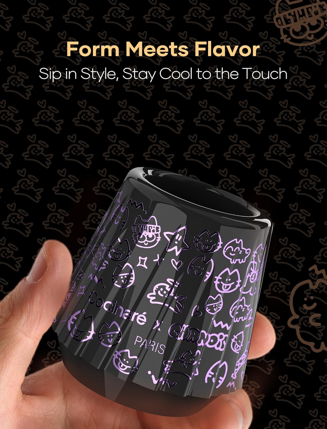 Cocinare x Chanoir KissCup Art Ceramic Espresso Cup – 2.2oz Demitasse Cup for Espresso, Pour-over coffee and Tea, Chanoir Black, Art de Paris Collaboration