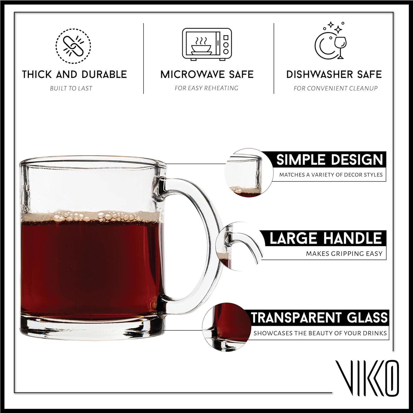 Vikko 10.75 Ounce Clear Glass Coffee Mugs - Set of 12, Microwave and Dishwasher Safe