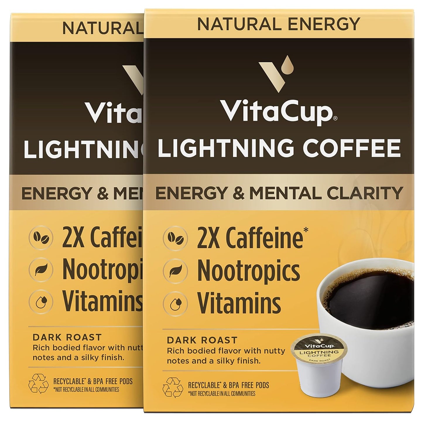 VitaCup Lightning Coffee Pods, for Memory & Focus w/ 2X Caffeine, Green Coffee Bean, B Vitamins, D3, Strong Dark Roast, Recyclable Single Serve Pod Compatible with Keurig K-Cup Brewers,32 Ct