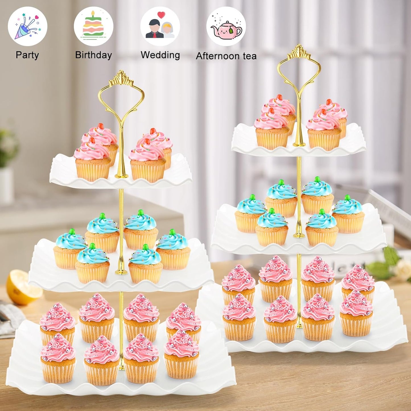 Coitak Plastic Cupcake Stands, 3 Tier Cupcake Stand, Dessert Tower Tray for Tea Party, Baby Shower and Wedding (2 Pack)