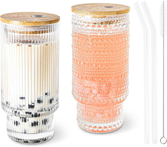 11 oz Drinking Glasses Cups Set of 2 with Bamboo Lids Straws Brush Vintage Small Glassware Set for Mojito Iced Coffee Cocktail Whiskey(Ribbed & Hobnail)