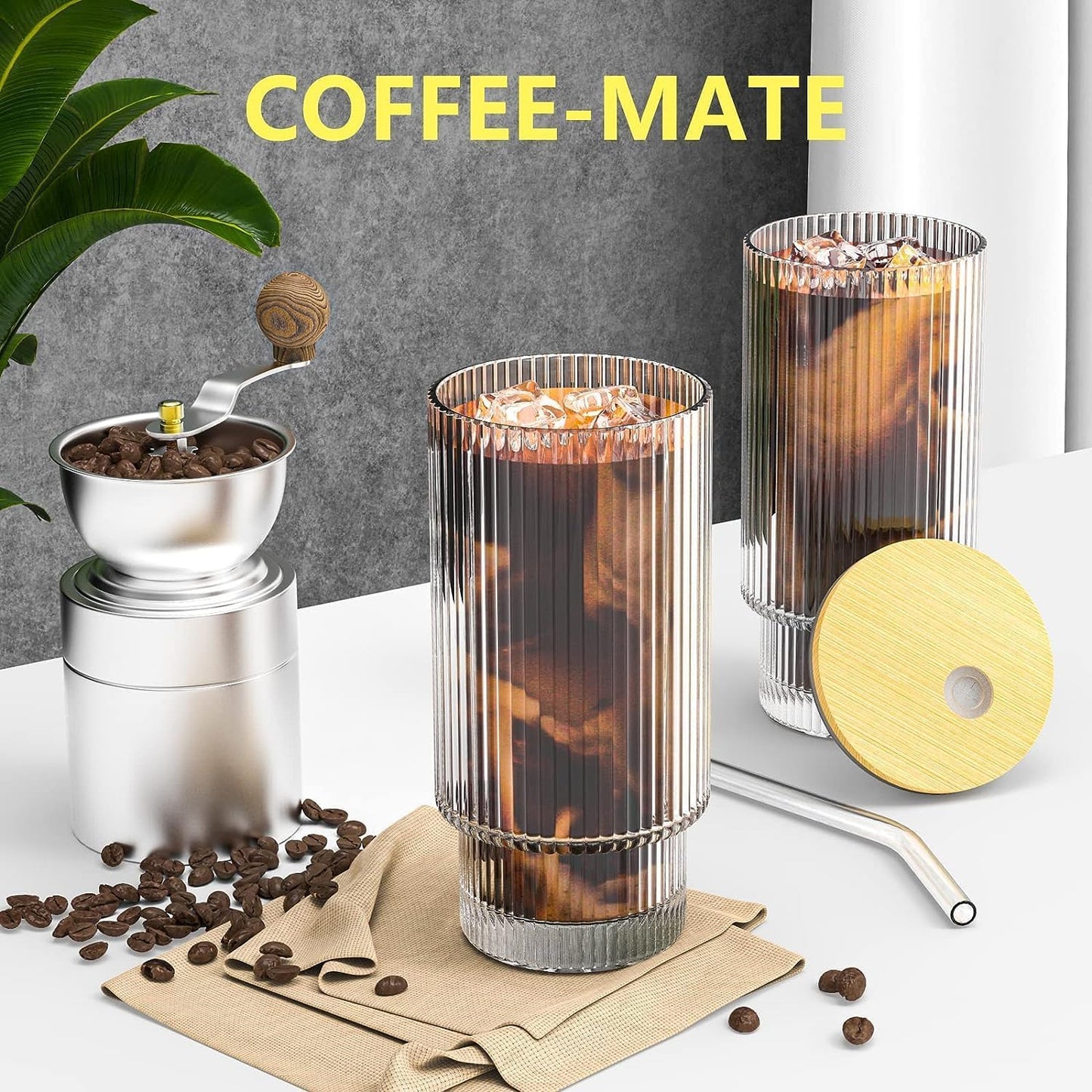 Glass Cups, 16OZ Vintage Glass Coffee Cups with Lids and Straws 8 Set, Vintage Glassware for Whiskey Cocktail Beer, Iced Coffee Cups with Lid, Glass Tumbler with Straw and Lid