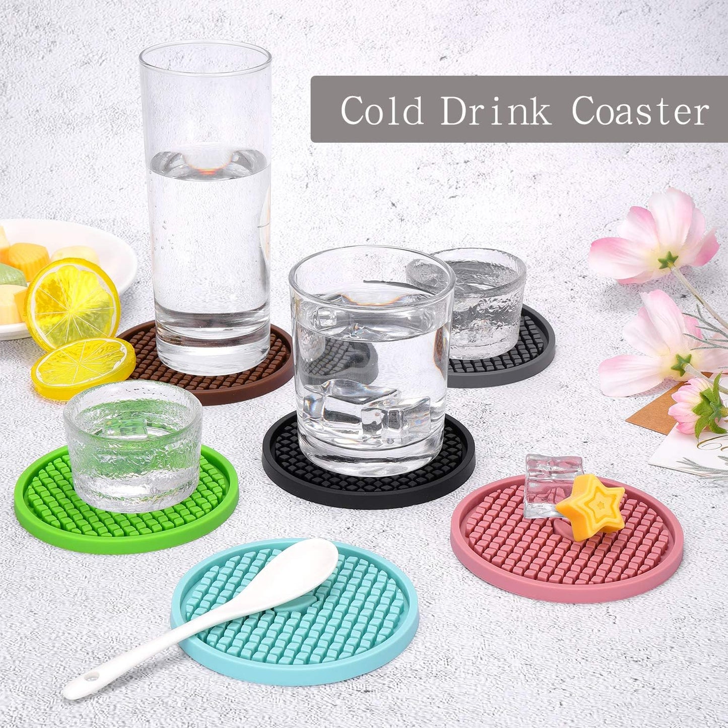 ME.FAN Silicone Coasters [6 Pack] Thickened Drink Coasters with Holder - Cup Mat - Non-Slip, Non-stick, Stay Put, Deep Tray - Prevents Furniture and Tabletop Damages(Black)