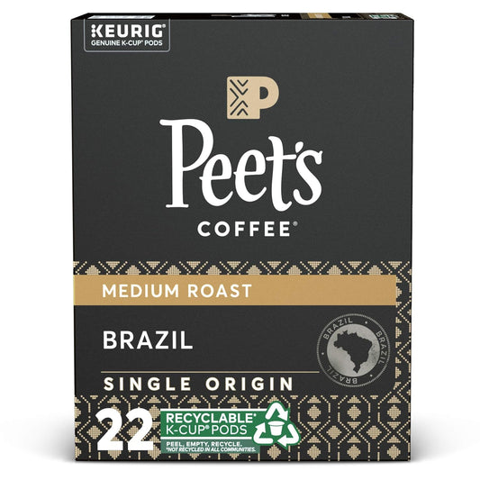 Peet's Coffee Single Origin Brazil, Medium Roast, 22 Count Single Serve K-Cup Coffee Pods for Keurig Coffee Maker