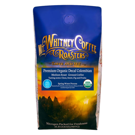 Mt. Whitney Premium Organic Spring Water Colombian, Medium Dark Raost, Low Acid, Decaf Coffee (Ground, 2 Lb)
